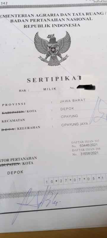 tanah persegi 546 meter cipayung depok