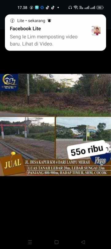 dijual tanah tepi jalan desa kapur pontianak