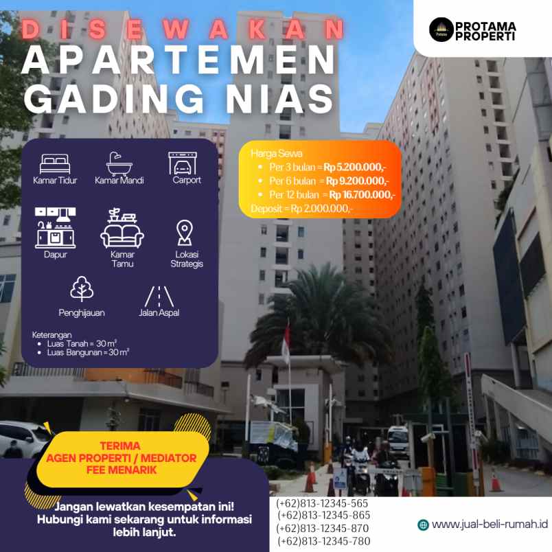 disewakan apartemen gading tower dahlia lt 6