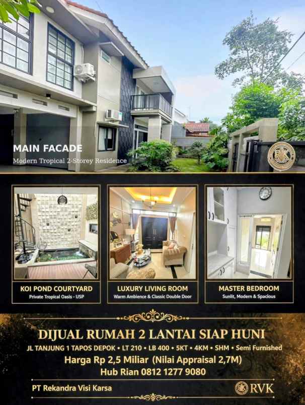 rumah 2 lantai lb 400m lt 210m strategis