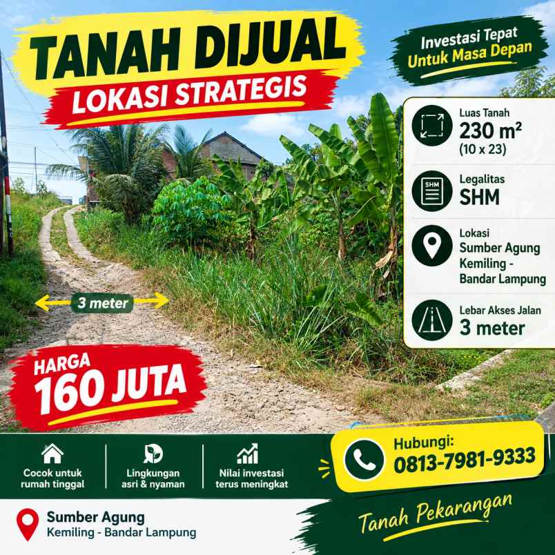 tanah 230 m shm sumber agung kemiling