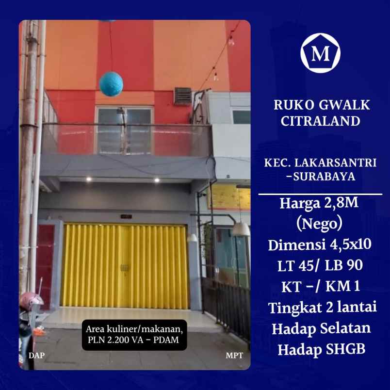 dijual ruko gudang kantor citraland gwalk surabaya