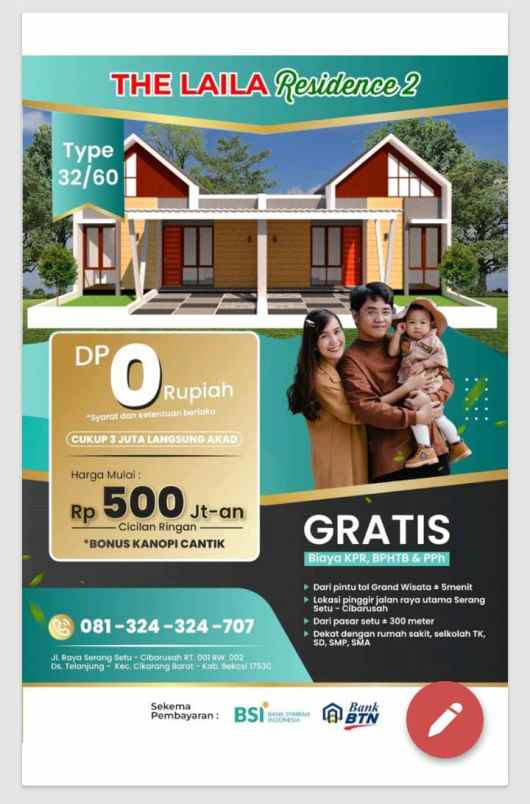 dijual rumah jl raya setu