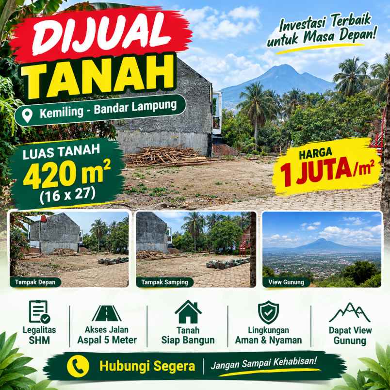 tanah datar siap bangun 420m kemiling bandar lampung