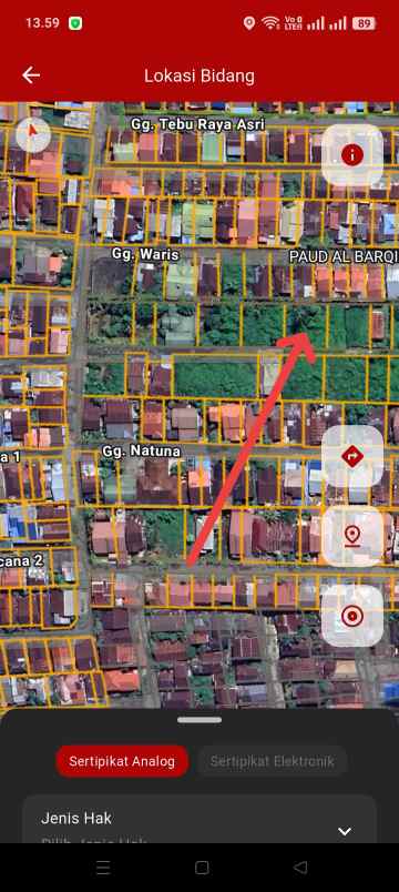 tanah jalan perdana 45x360 harga 6 jt meter