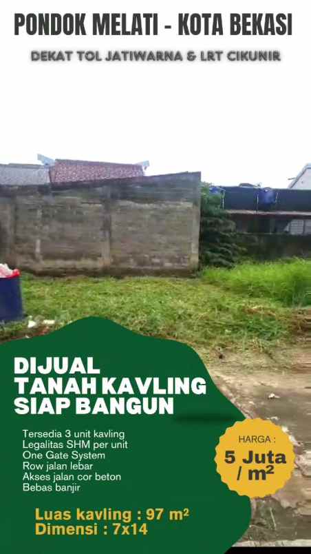 tanah kavling shm pondok melati bekasi bebas banjir