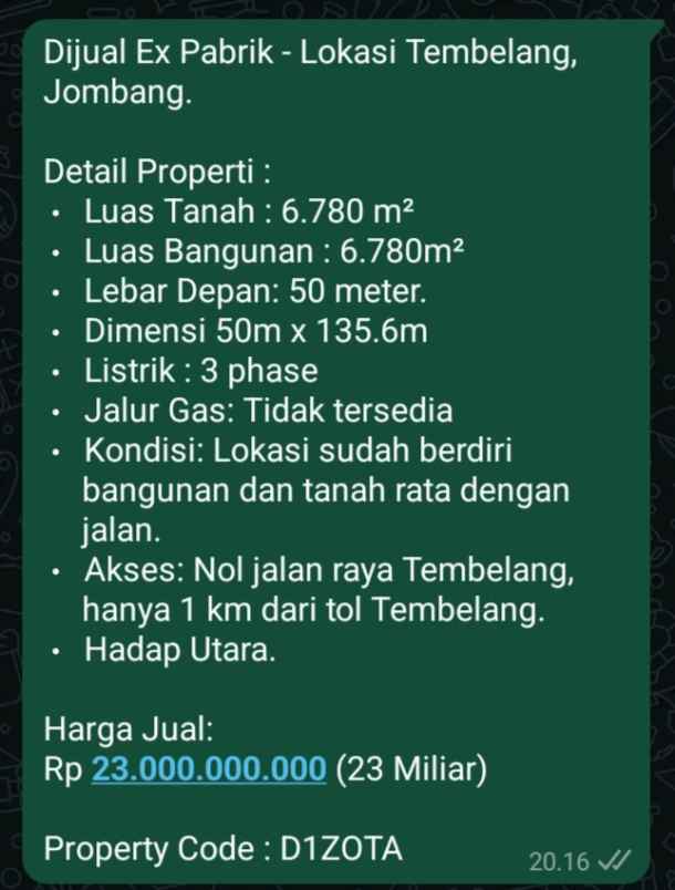 dijual murah pabrik di jombang d1zota