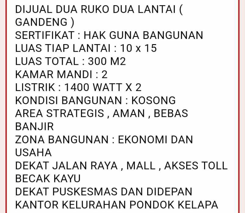 dijual ruko gandeng lokasi pondok kelapa jakarta timur