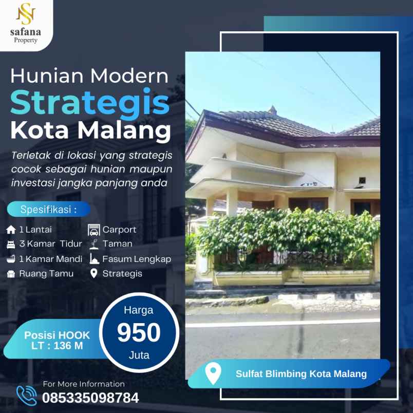 dijual rumah hook lokasi strategis di sulfat malang