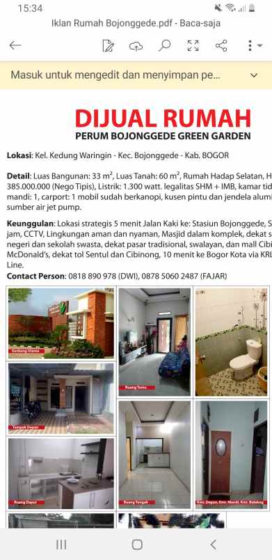 dijual rumah bojong gede type 33 60