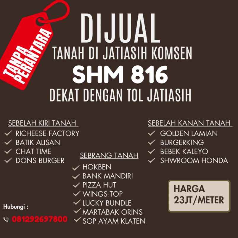 dijual tanah jl raya jatiasih no 58