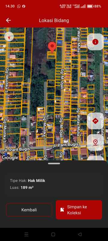 dijual tanah shm lokasi jalan parit bugis gg mustika 7