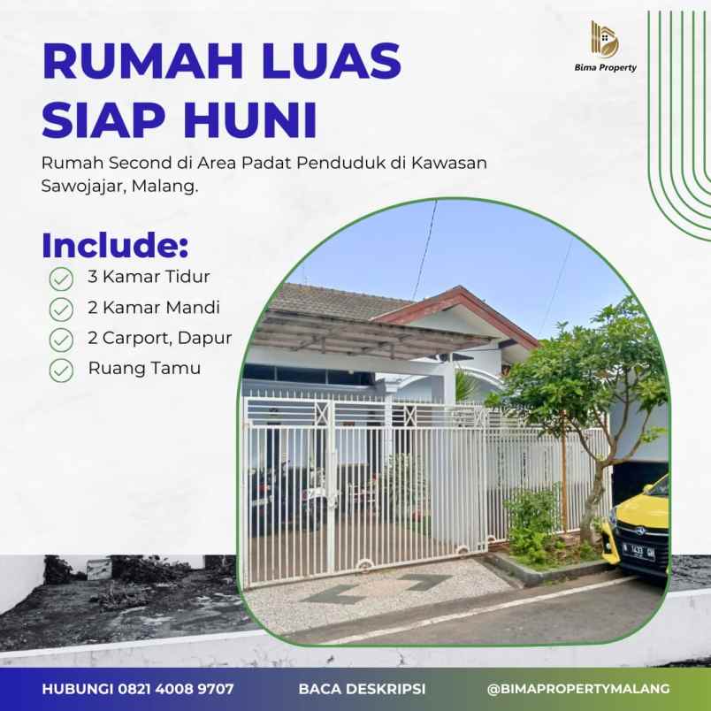 rumah second luas 2 carport di sawojajar