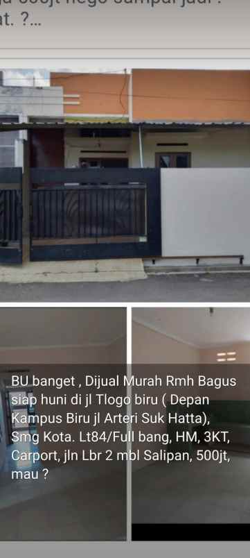 dijual rumah jl tlogo biru tlogosari