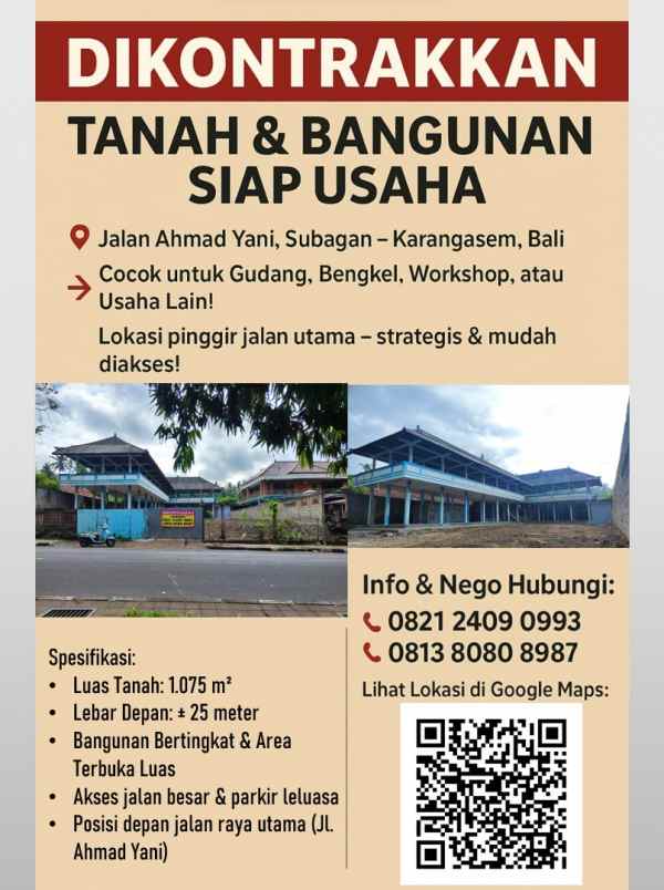 disewakan tanah jl ahmad yani subagan
