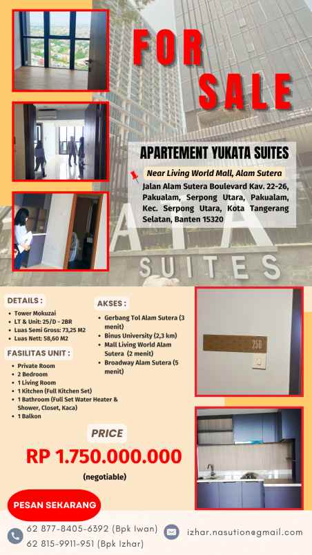 dijual apartemen jalan alam sutera