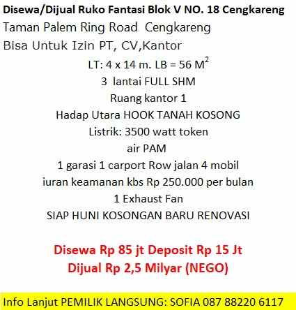 disewakan ruko gudang kantor ruko fantasi blok v no 18