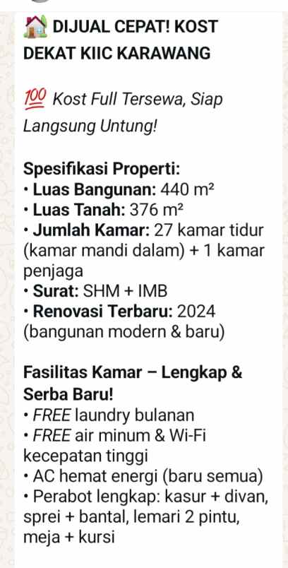 dijual kost jln raya sukaluyu teluk