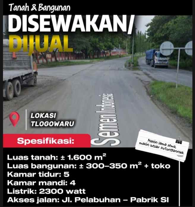 disewakan tanah dan bangunan lokasi tlogowaru