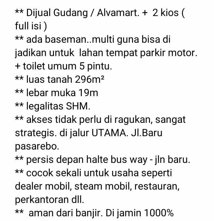 gudang dan kios alfamart pasar rebo pinggir jalan raya