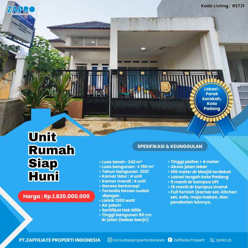 rumah siap huni full furniture di parak karakah