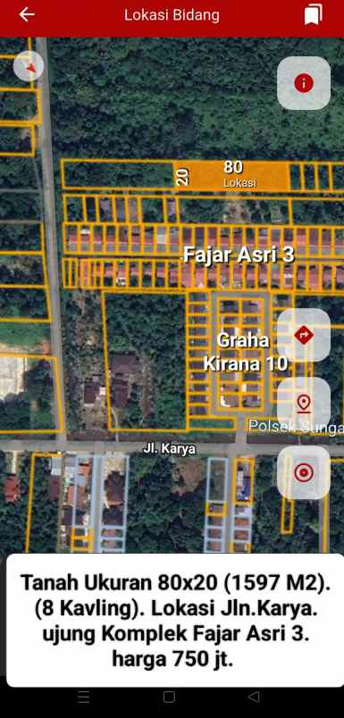 tanah ukuran 80x20 1597 m2 8 kavling lokasi jln karya
