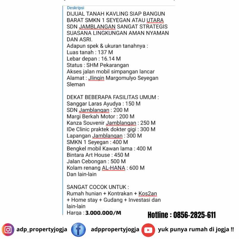 dijual tanah kavling di margomulyo seyegan sleman