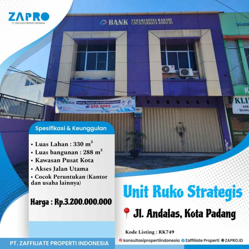 jual ruko strategis di andalas padang