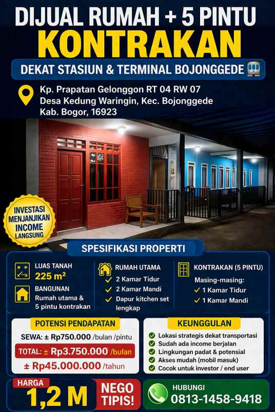 rumah kontrakan 5 pintu dijual