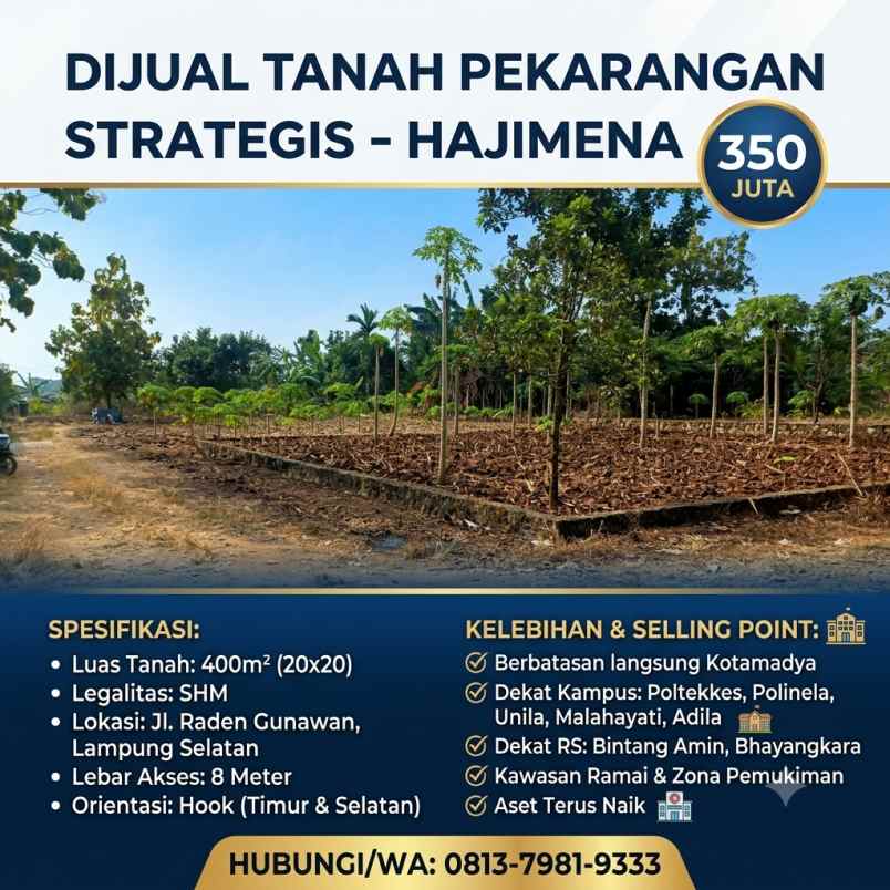 tanah 400m siap bangun di raden gunawan hajimena