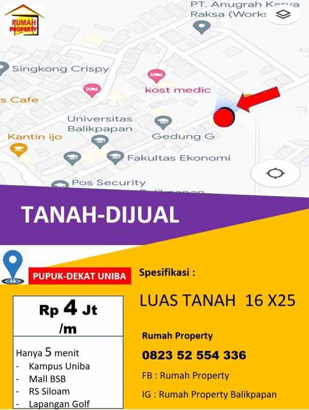 tanah dijual dekat kampus uniba