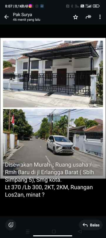 disewakan rumah di erlangga barat semarang