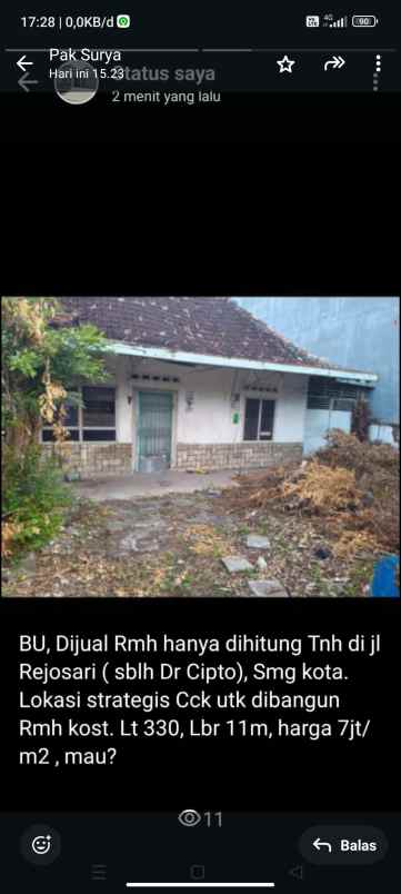 dijual rumah di hitung tanah di jl rejosari semarang