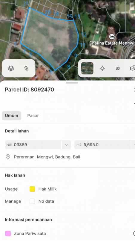 dijual tanah jl pantai pererenan