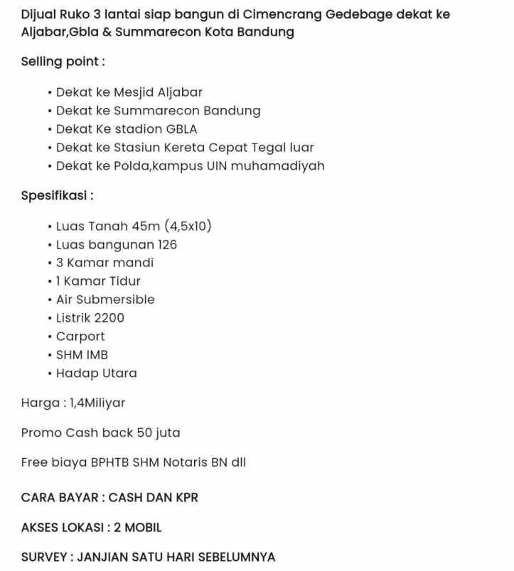 ruko siap pakai cimencrang gedebage