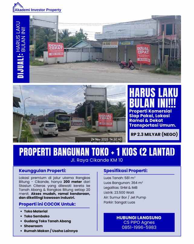 dijual ruko gudang kantor jalan raya rangkas bitung
