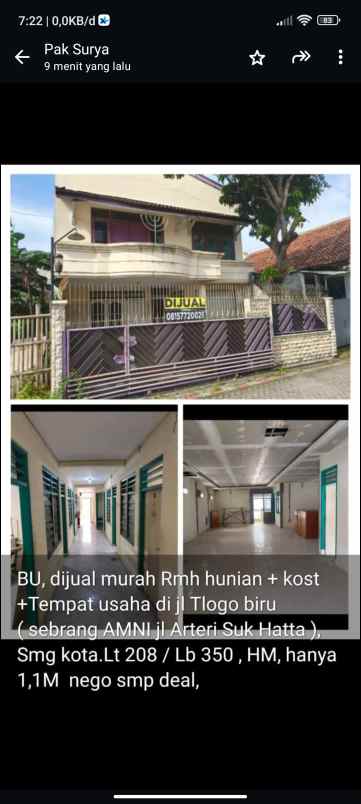 dijual rumah jl tlogo biru tlogosari