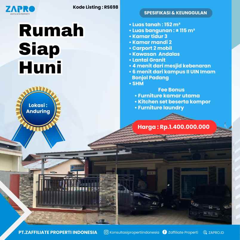 jual rumah siap huni di anduring padang