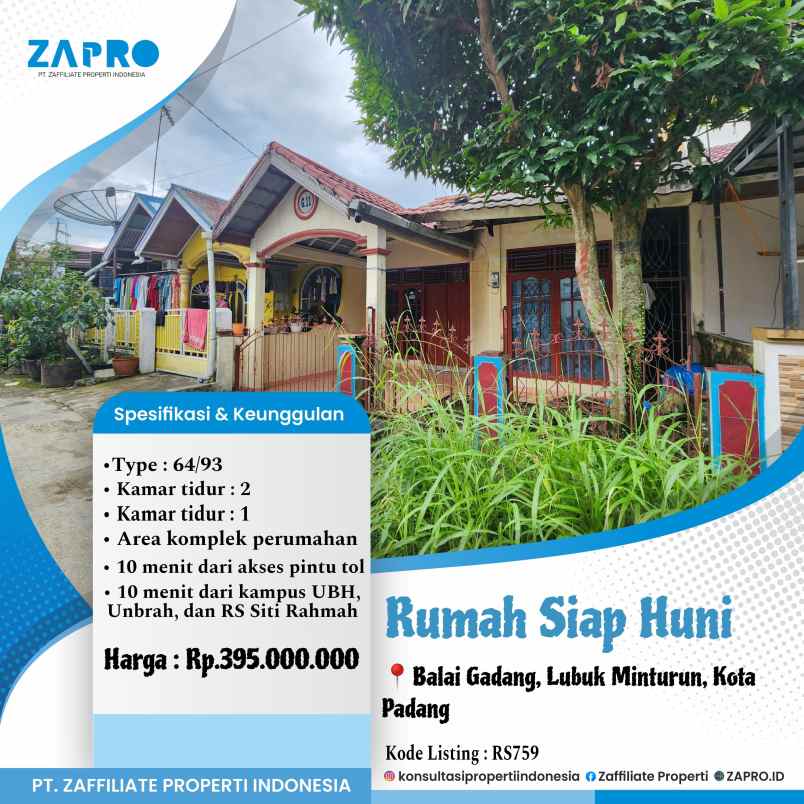 jual rumah siap huni di padang