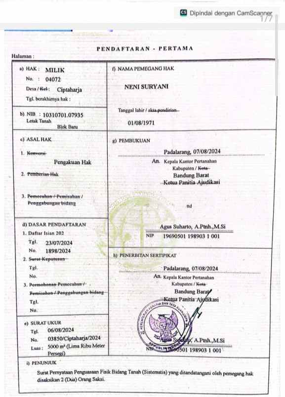 dijual tanah ciptaharja