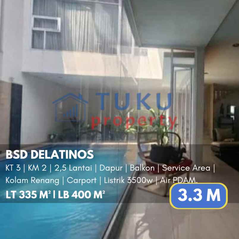 rumah bsd delatinos ada kolam renang 3 3m nego