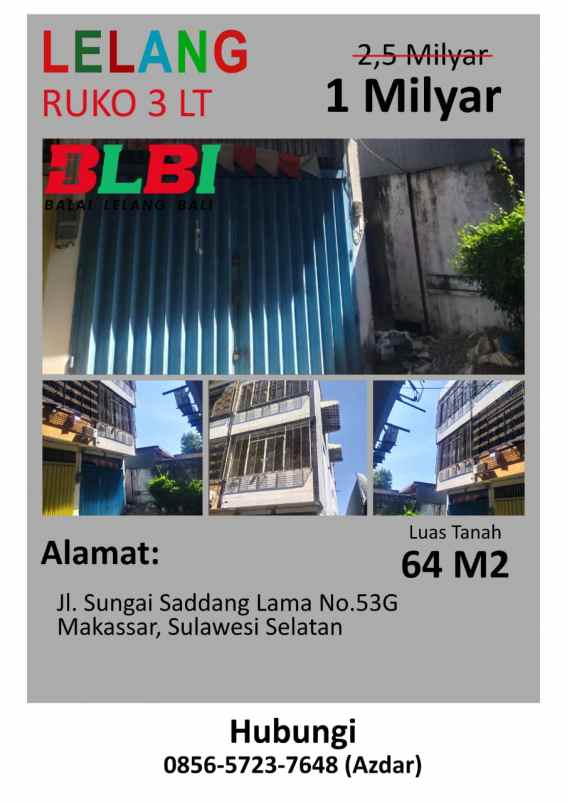 jual lelang ruko 3 lantai tengah kota makassar