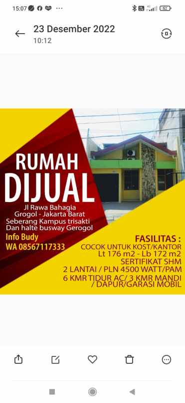 dijual rumah jl raya rawa bahagia no 19