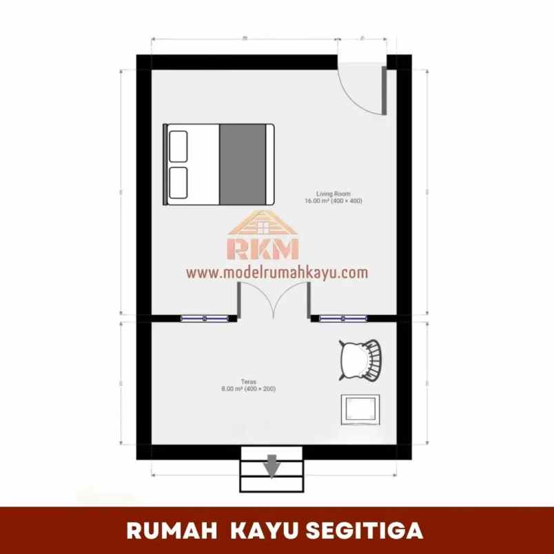 rumah kayu segitiga ukuran 5x6 meter 1 lantai