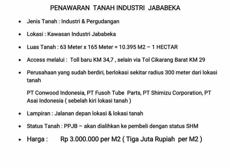 dijual tanah kawasan industri jababeka