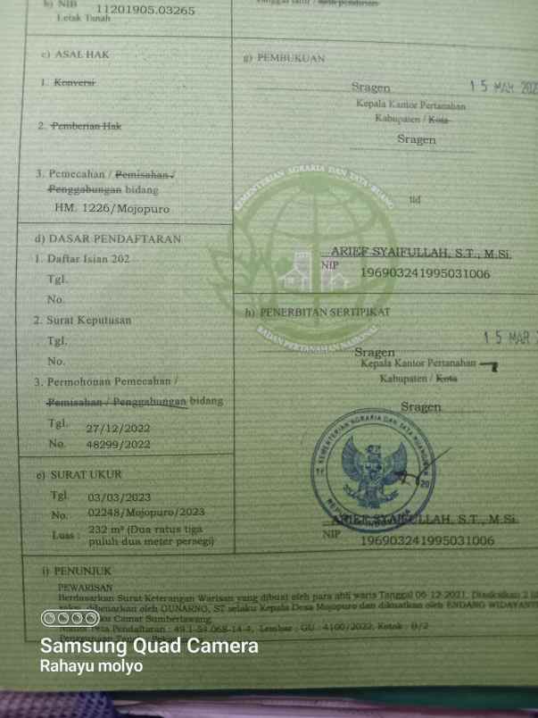dijual tanah mojopuro sumberlawang sragen