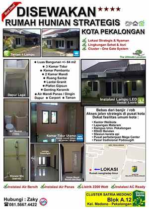 disewakan rumah cluster satria medono jln