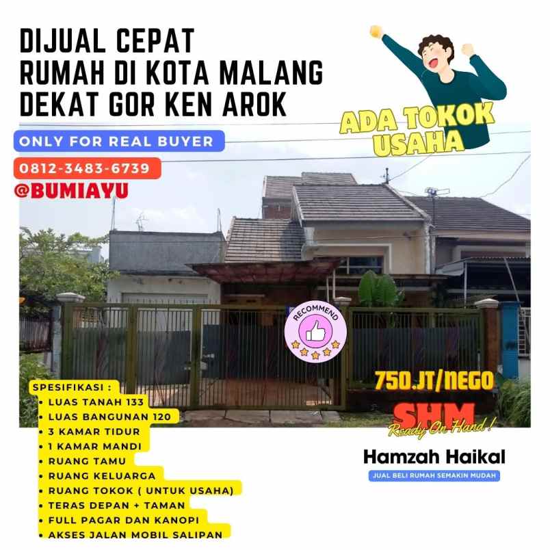 dijual cepat rumah dekat gor ken arok ada kios usaha