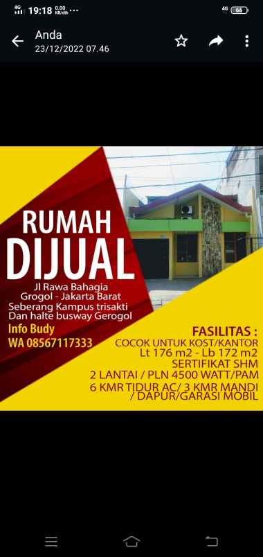 dijual rumah jl rawa bahagia raya no 19