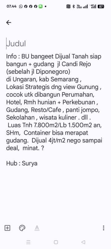 dijual tanah di jl candi rejo diponegoro ungaran